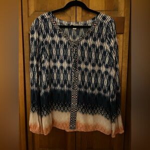 Vintage America Blues Women's Sz L Boho Flowy Blue White Orange Geometric Top